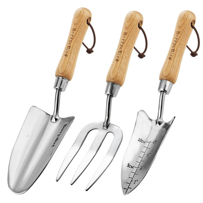 Garden Tool Set 3 PCS Stainless Steel Gardening Tool Kit (Wooden Handle Trowel Weeding Fork & Digging Shovel)