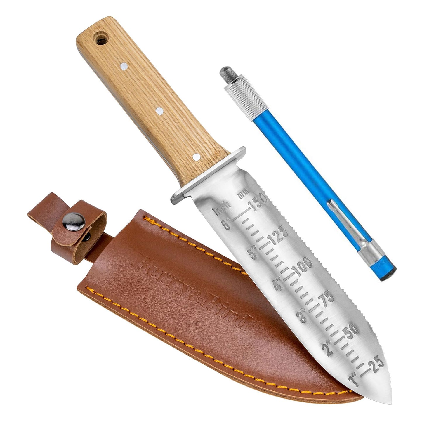 Garden Knife 7 inch Stainless Steel Serrated Blade with Leather Sheath and Sharpening Stone