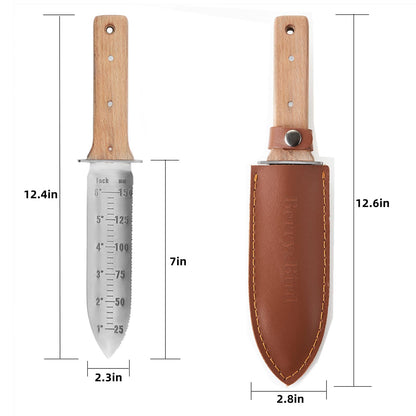 Garden Knife 7 inch Stainless Steel Serrated Blade with Leather Sheath and Sharpening Stone