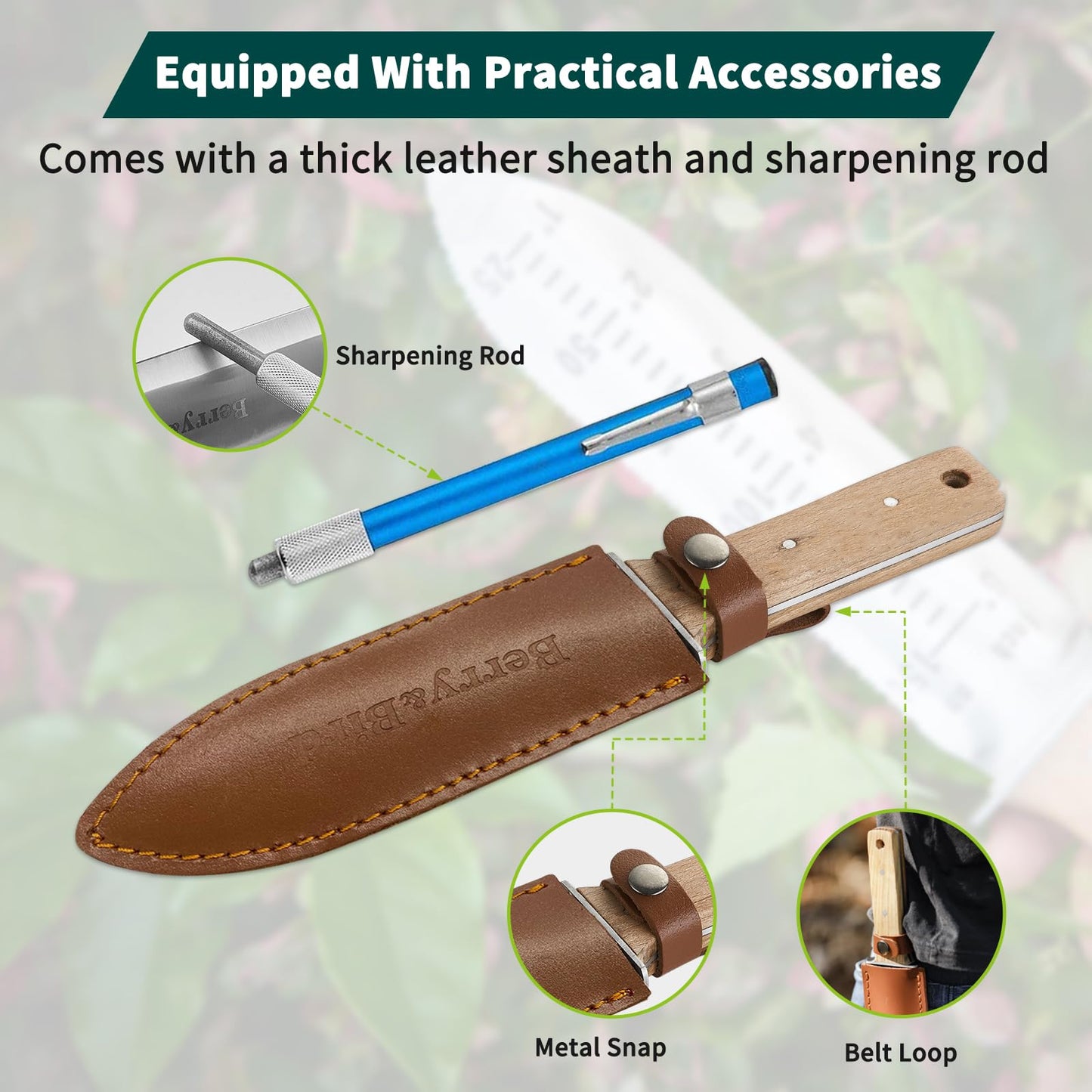 Garden Knife 7 inch Stainless Steel Serrated Blade with Leather Sheath and Sharpening Stone