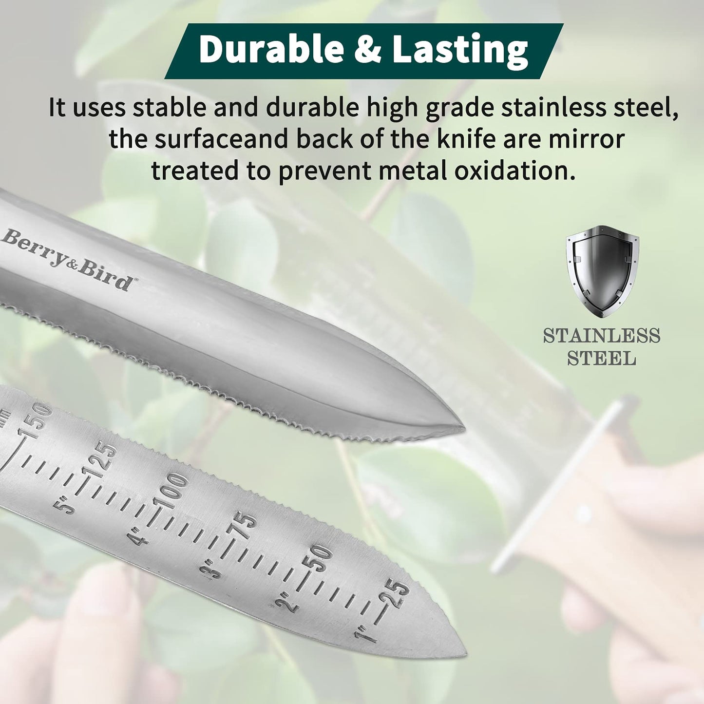 Garden Knife 7 inch Stainless Steel Serrated Blade with Leather Sheath and Sharpening Stone