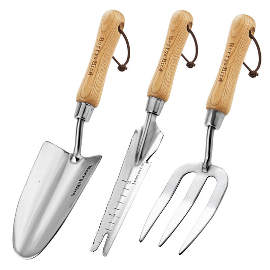 Garden Tool Set 3 PCS Stainless Steel Gardening Tool Kit (Wooden Handle Trowel, Hand Fork & Weeder)