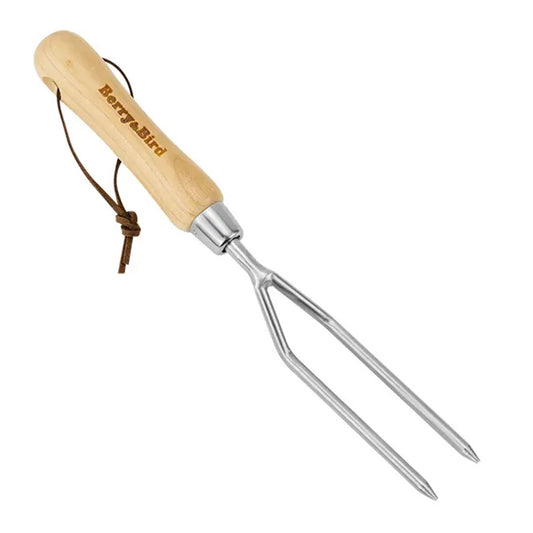 Garden Tools Double Tine Hand Fork 12.2 inch Stainless Steel Hand Weeding Fork with Wooden Handle