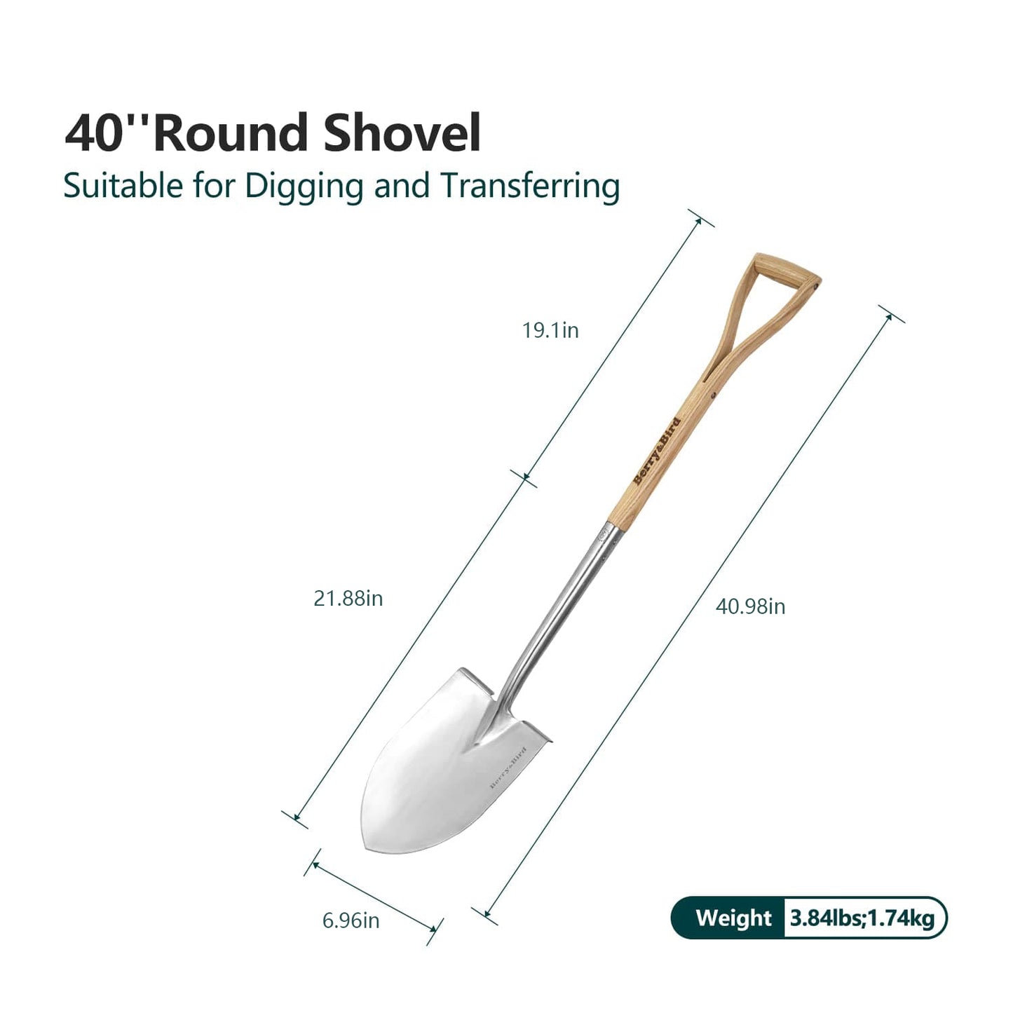 Garden Tools Spade Shovel Round Point Shovel 40.98 inch with D-Handle Garden Shovel