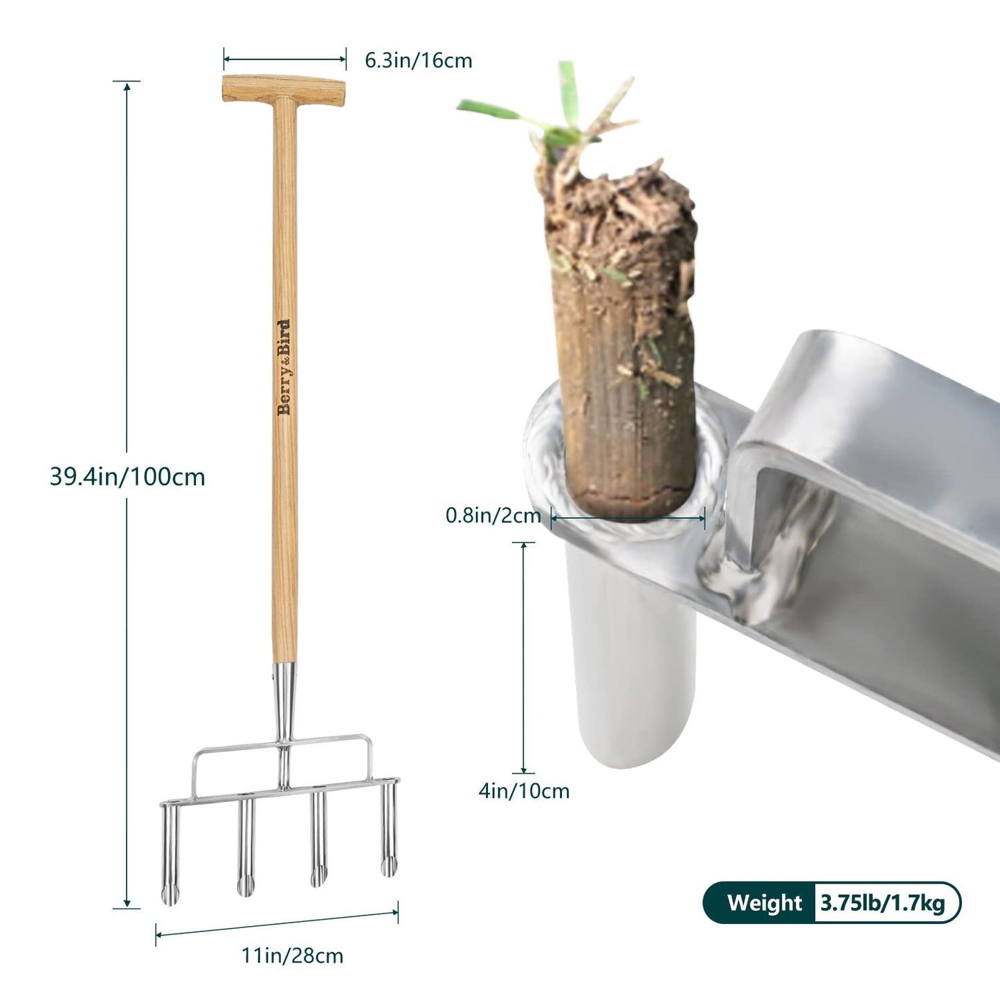 Garden Tools Stainless Steel Lawn Coring Aerator Tool 40 inch 4 Core Spike Tines Plug with Wooden Handle