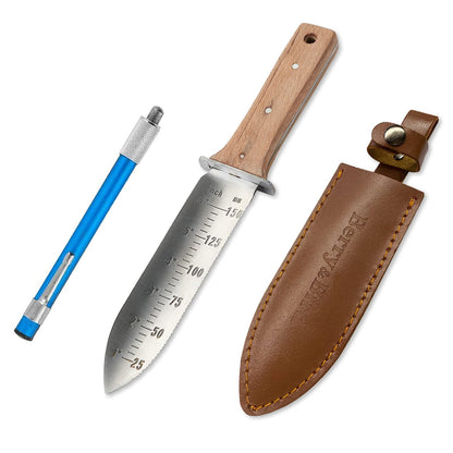 Garden Knife 7 inch Stainless Steel Serrated Blade with Leather Sheath and Sharpening Stone