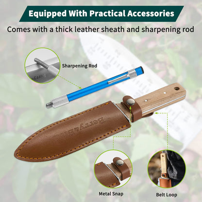 Garden Knife 7 inch Stainless Steel Serrated Blade with Leather Sheath and Sharpening Stone