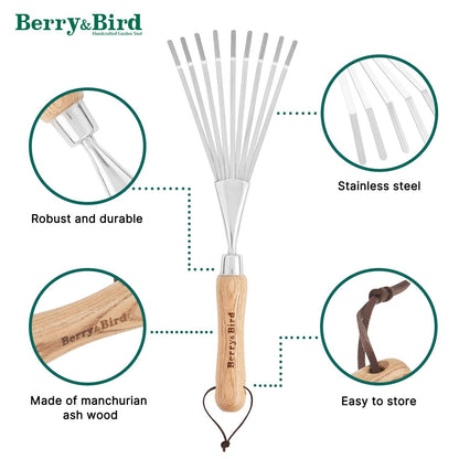 Garden Tools Grass Rake 14.7 inch Stainless Steel Grass Rake 9 Tines Fan Lawn Leaf with Wooden Handle