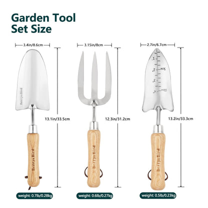 Garden Tool Set 3 PCS Stainless Steel Gardening Tool Kit (Wooden Handle Trowel Weeding Fork & Digging Shovel)