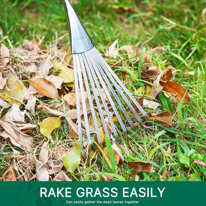 Garden Tools Grass Rake 14.7 inch Stainless Steel Grass Rake 9 Tines Fan Lawn Leaf with Wooden Handle