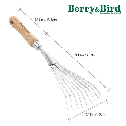 Garden Tools Grass Rake 14.7 inch Stainless Steel Grass Rake 9 Tines Fan Lawn Leaf with Wooden Handle