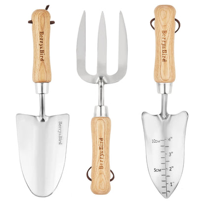 Garden Tool Set 3 PCS Stainless Steel Gardening Tool Kit (Wooden Handle Trowel Weeding Fork & Digging Shovel)