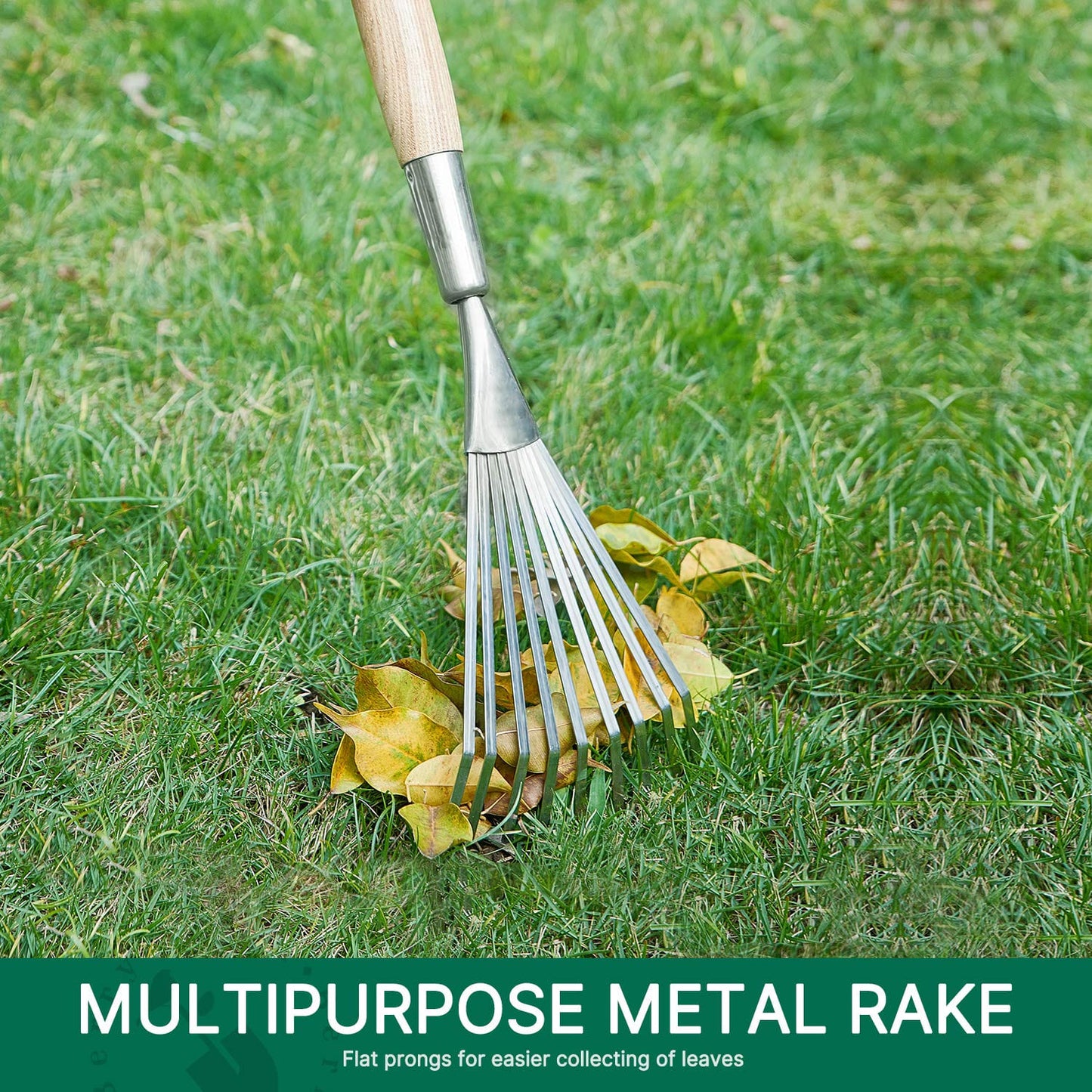 Garden Tools Grass Rake 26.8 inch Stainless Steel Grass Rake 9 Tines Fan Lawn Leaf with Wooden Handle