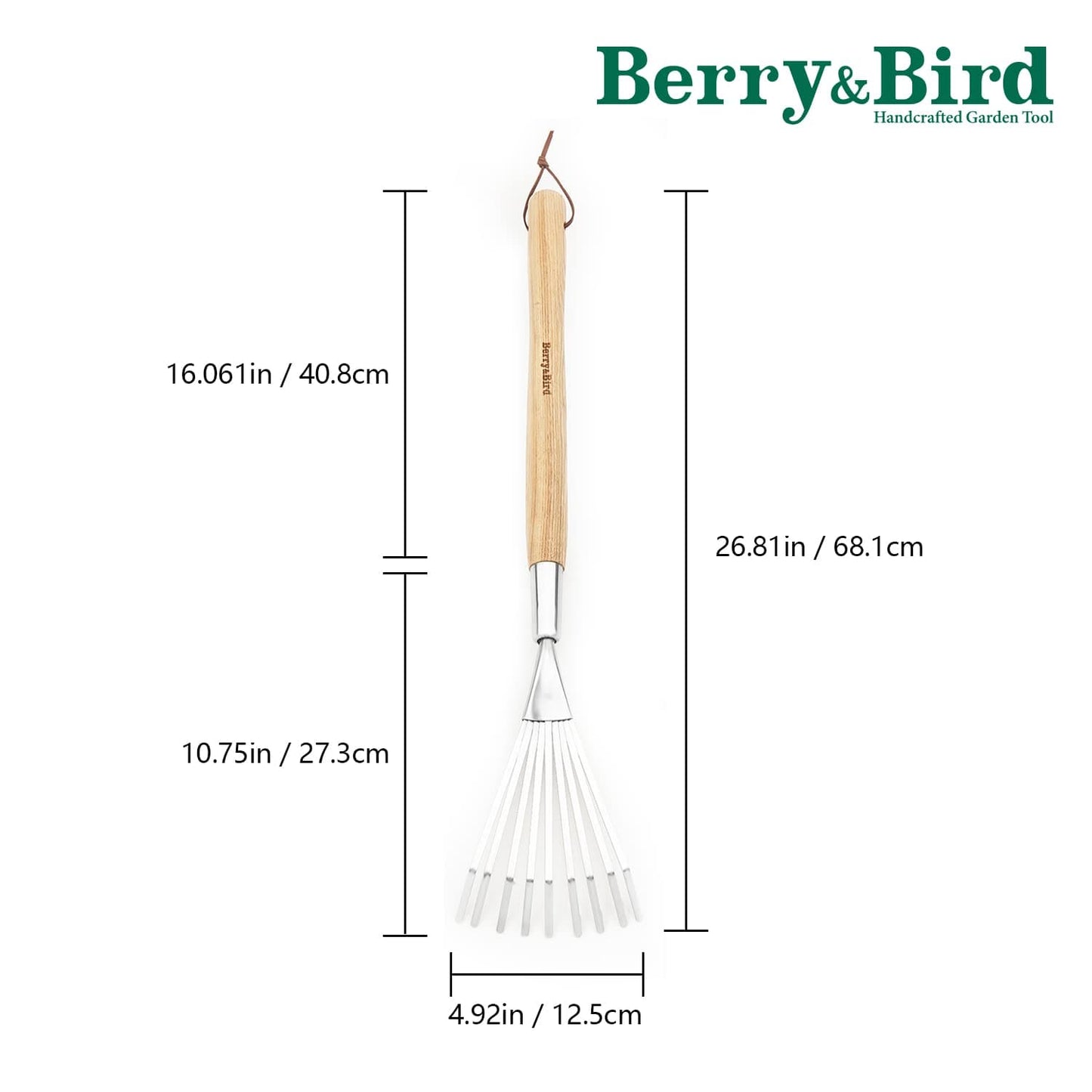 Garden Tools Grass Rake 26.8 inch Stainless Steel Grass Rake 9 Tines Fan Lawn Leaf with Wooden Handle