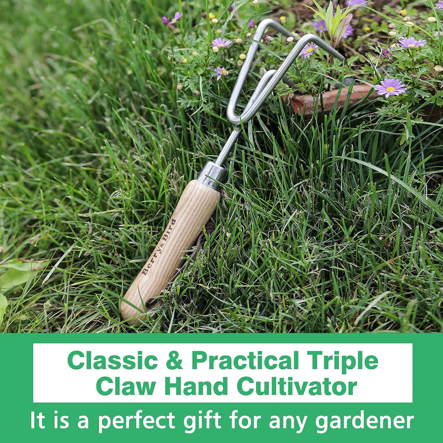 Garden Tools Hand Cultivator 11.18 inch Handheld Triple Claw Hand Rake with Wooden Handle