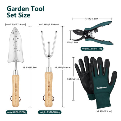 Premium Garden Tool Set 4 PCS Stainless Steel Gardening Tool Kit (Handle Trowel & Rake, Garden Shears & Gloves)