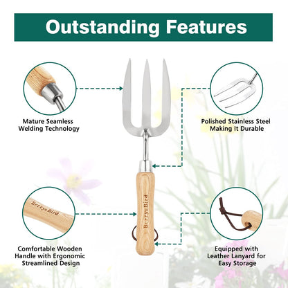 Garden Tools Hand Fork 12.3 inch Stainless Steel Hand Weed Fork with Wood Handle